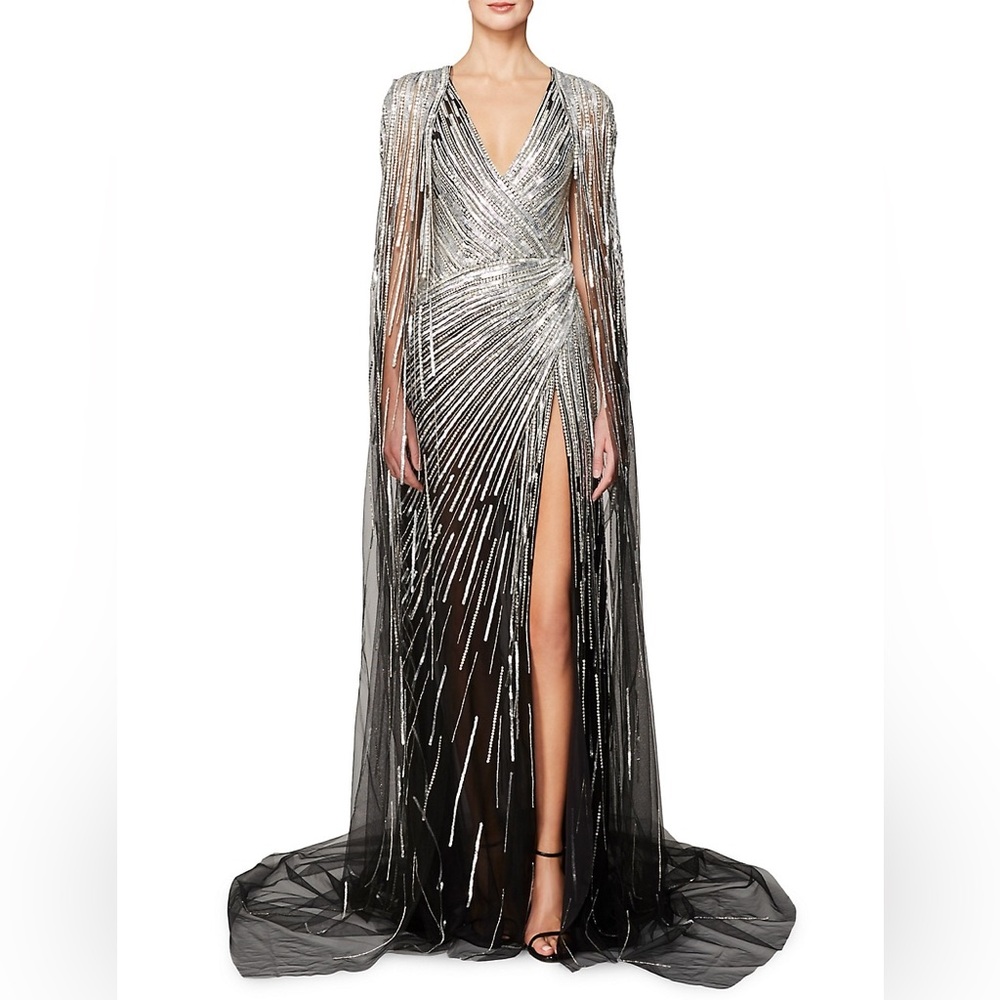 Pamella Roland Sequined Tulle Cape Gown Long Dress - Picture 4 of 16